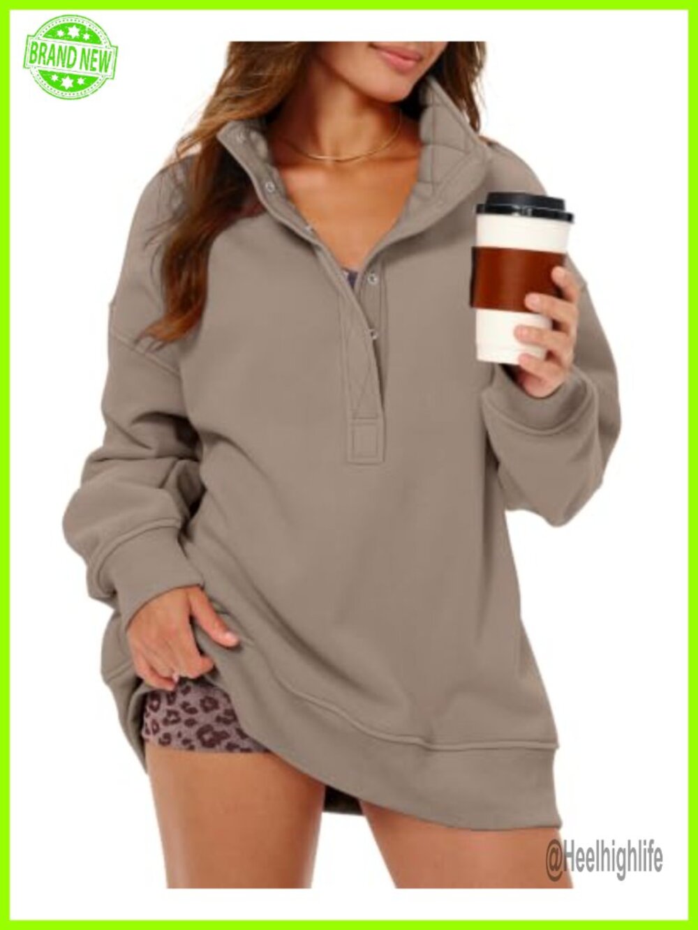 Oversized Henley Sweatshirt Fleece Lined Pullover Snap Buttons